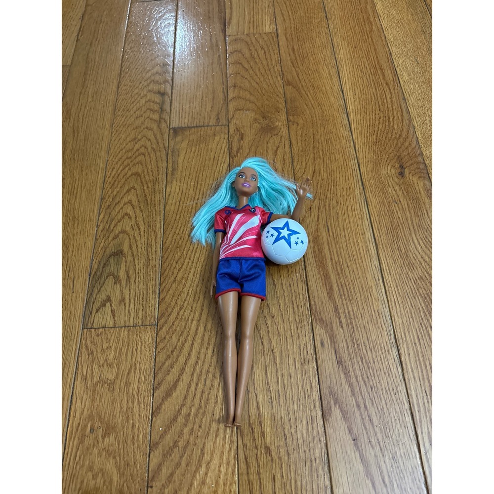 Barbie Soccer Player Doll Aqua Blue Hair Red Jersey Blue Shorts with Ball